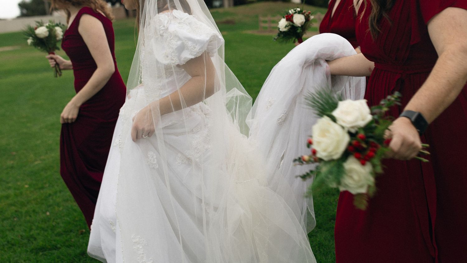 A wedding party on a grassy lawn shows burgundy bridesmaid dresses alongside a flowing white bridal gown and veil.
