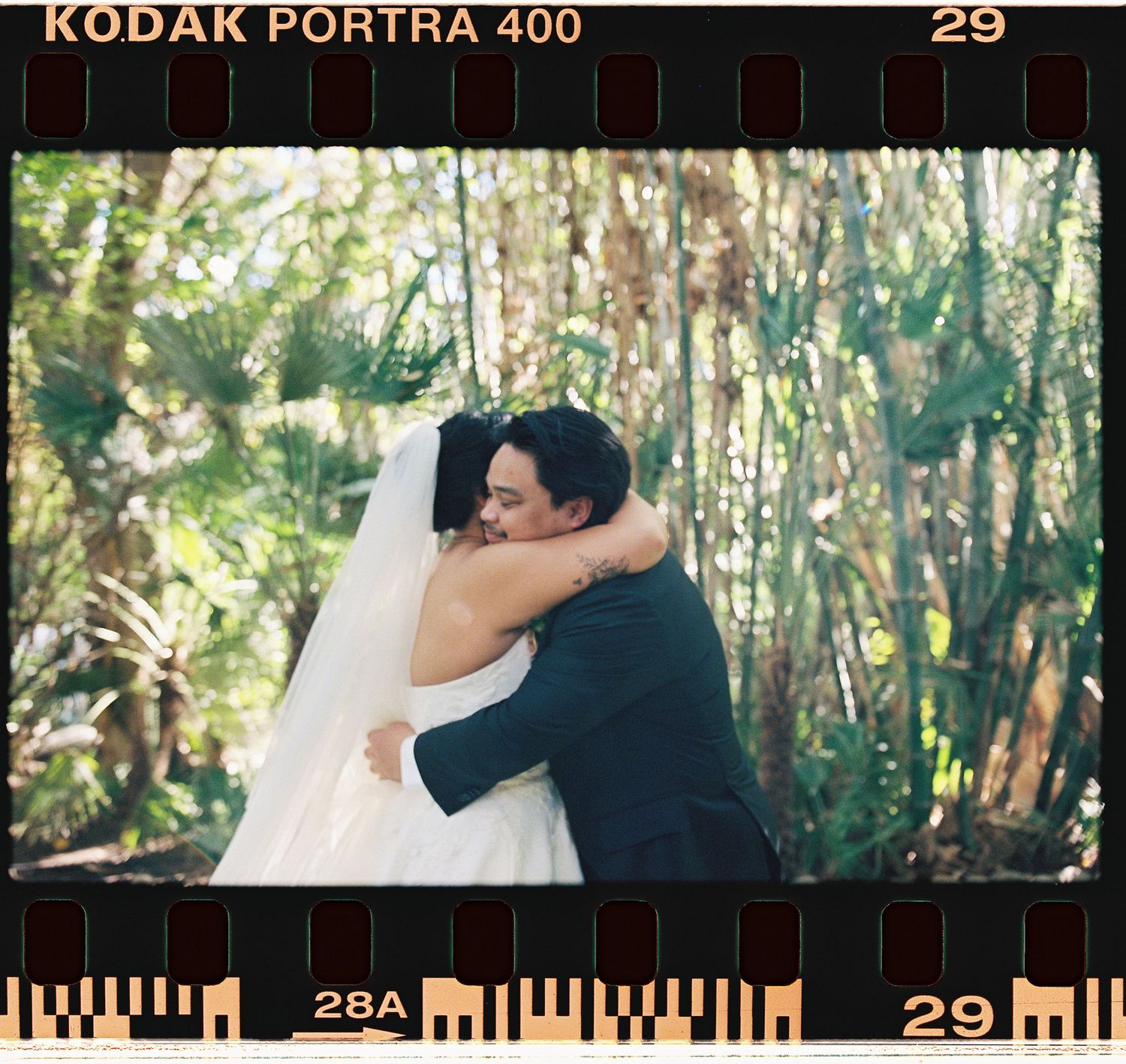 A bride and groom share a tender embrace outdoors, captured on Kodak Portra 400 film with lush greenery behind them.