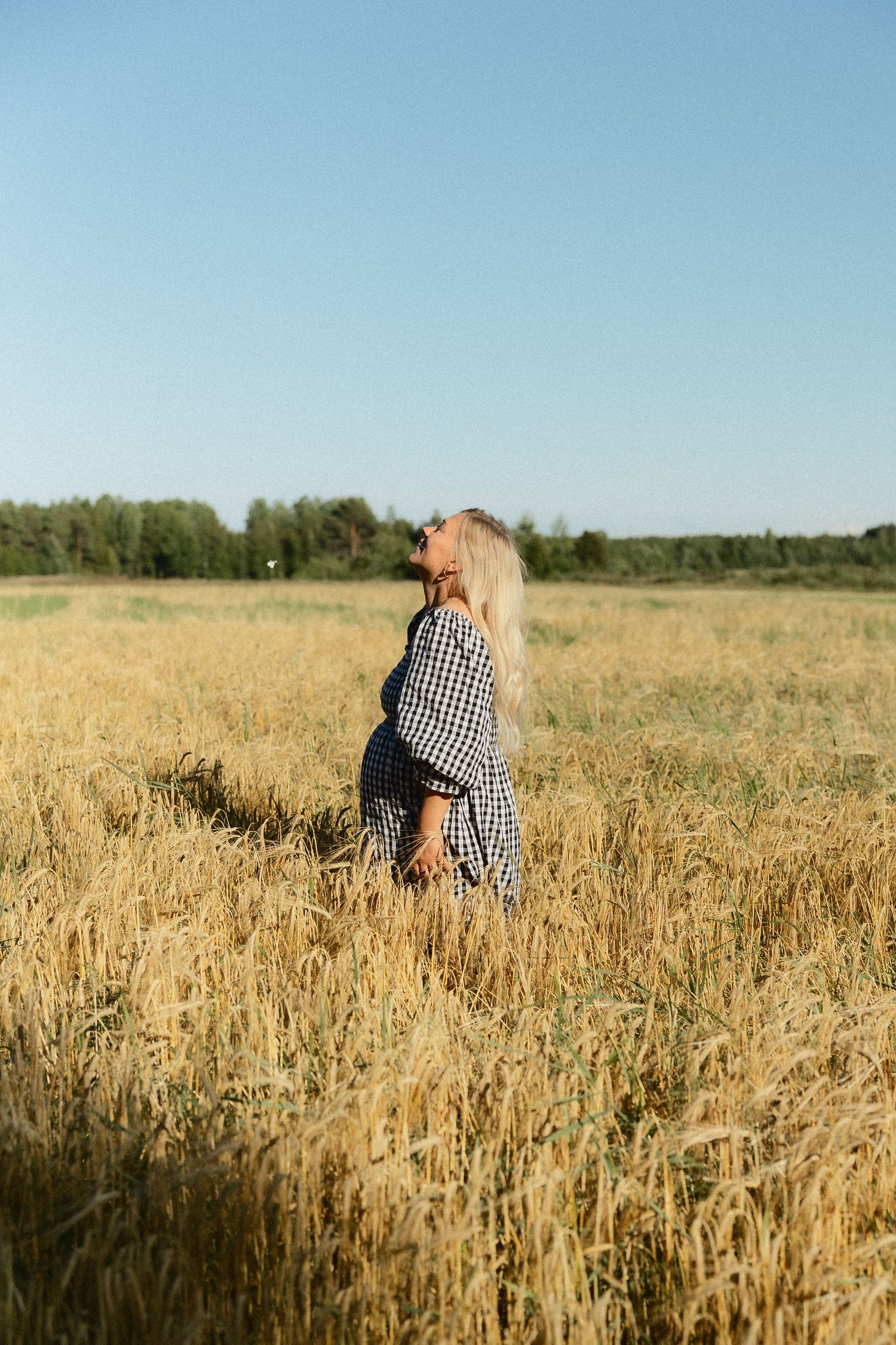 A person in a plaid shirt walks through a golden wheat field on a sunny summer day.