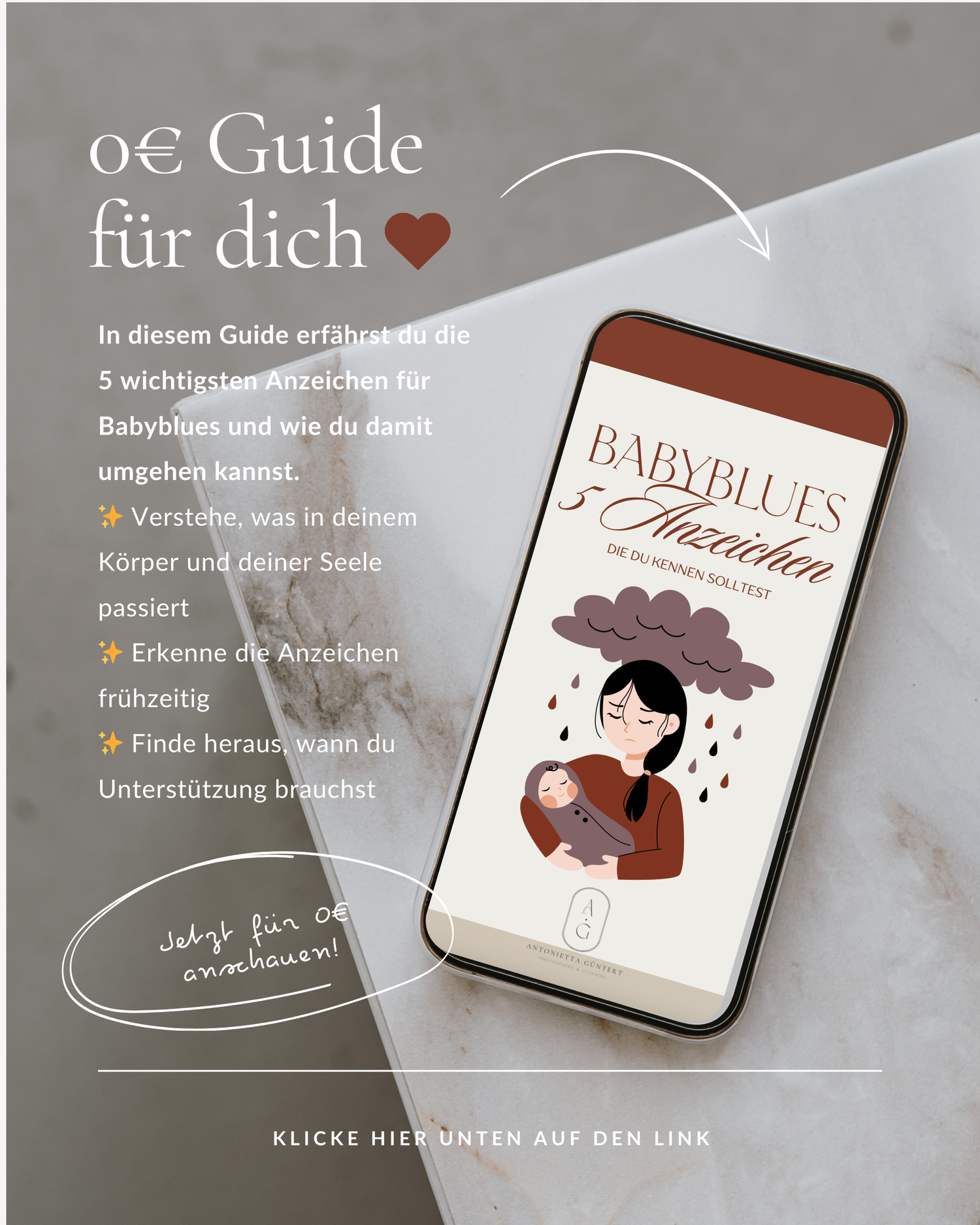 A smartphone displays an illustration of a baby blues guide in German with a small figure under a dark cloud.