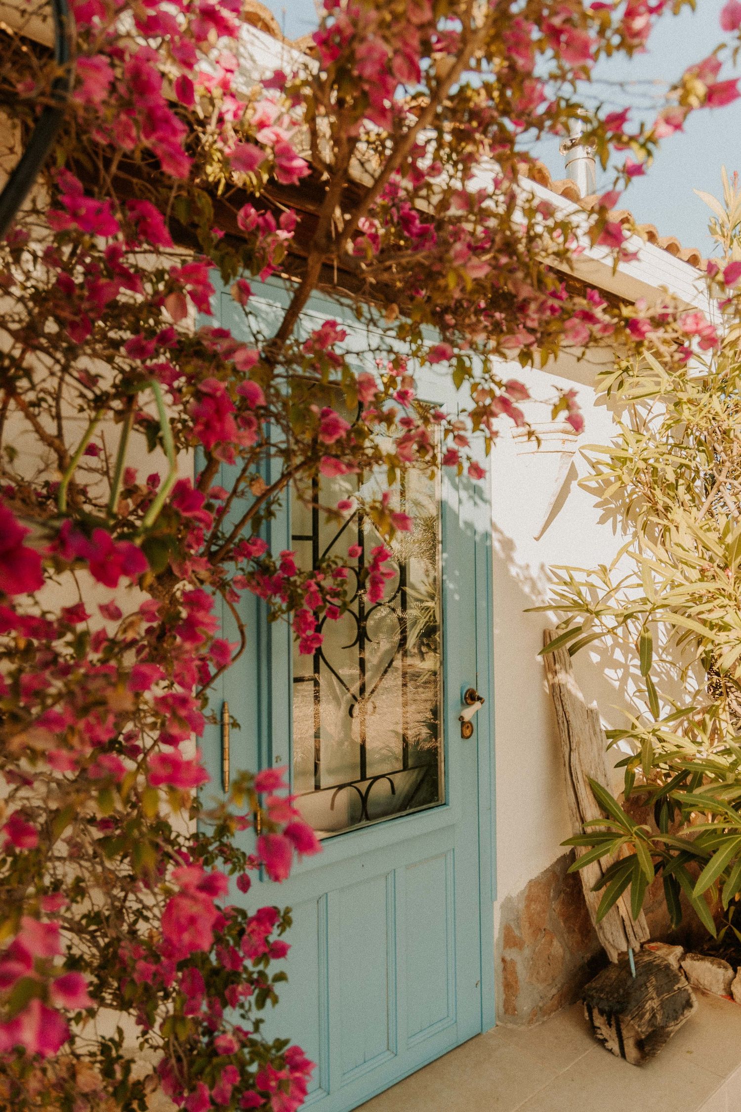 Blauwe deur omringd door roze bougainville en mediterrane planten