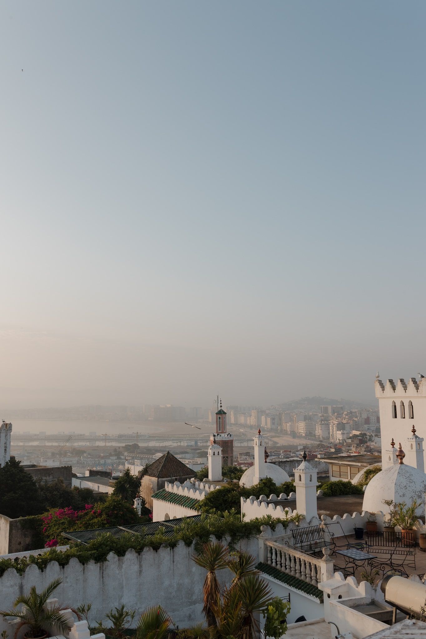 Panoramic view of a coastal city skyline with white Mediterranean-style buildings and palm trees against a hazy sky.