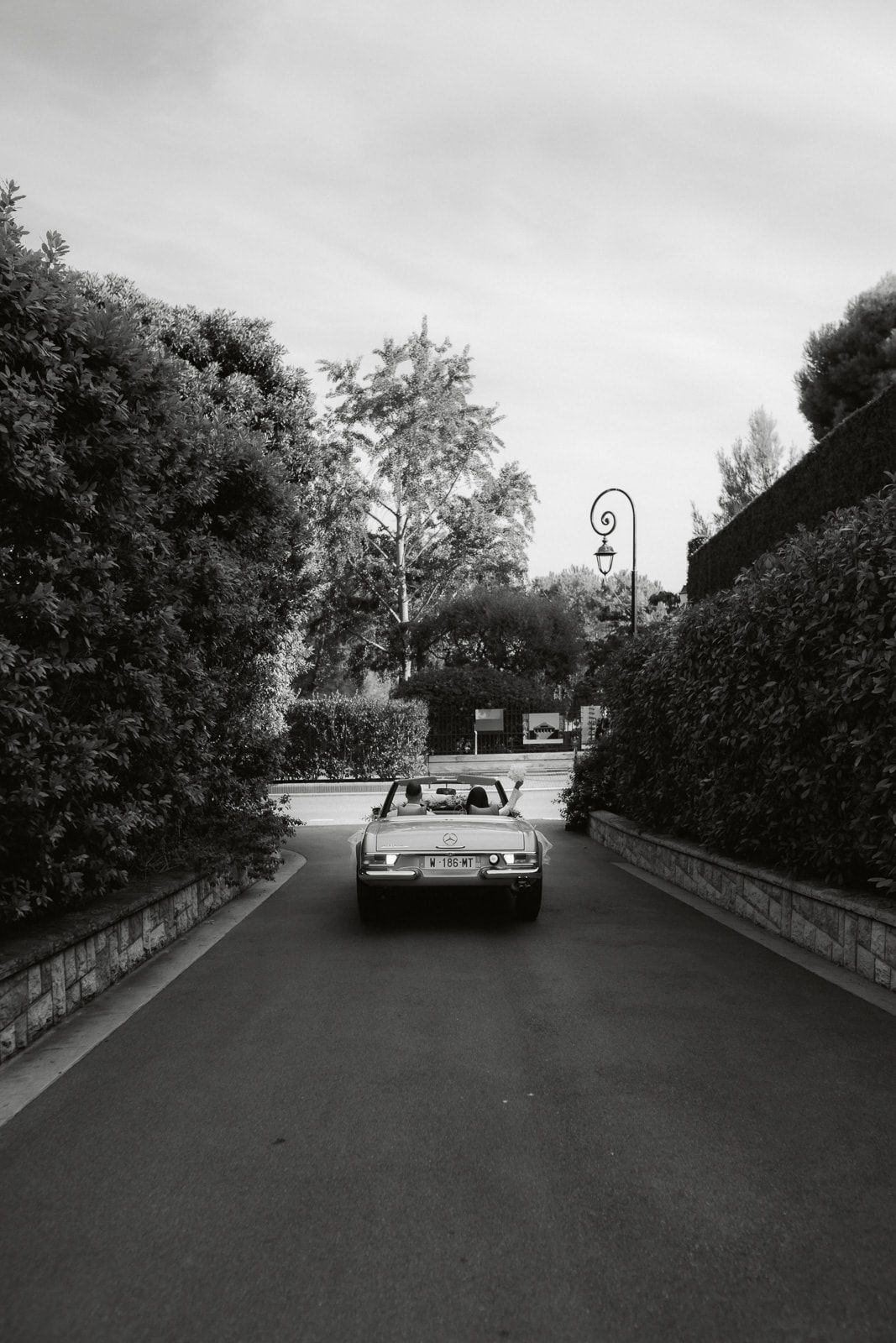 Black and white photo sequence shows a car driving through a curved road lined with trees and bushes.
