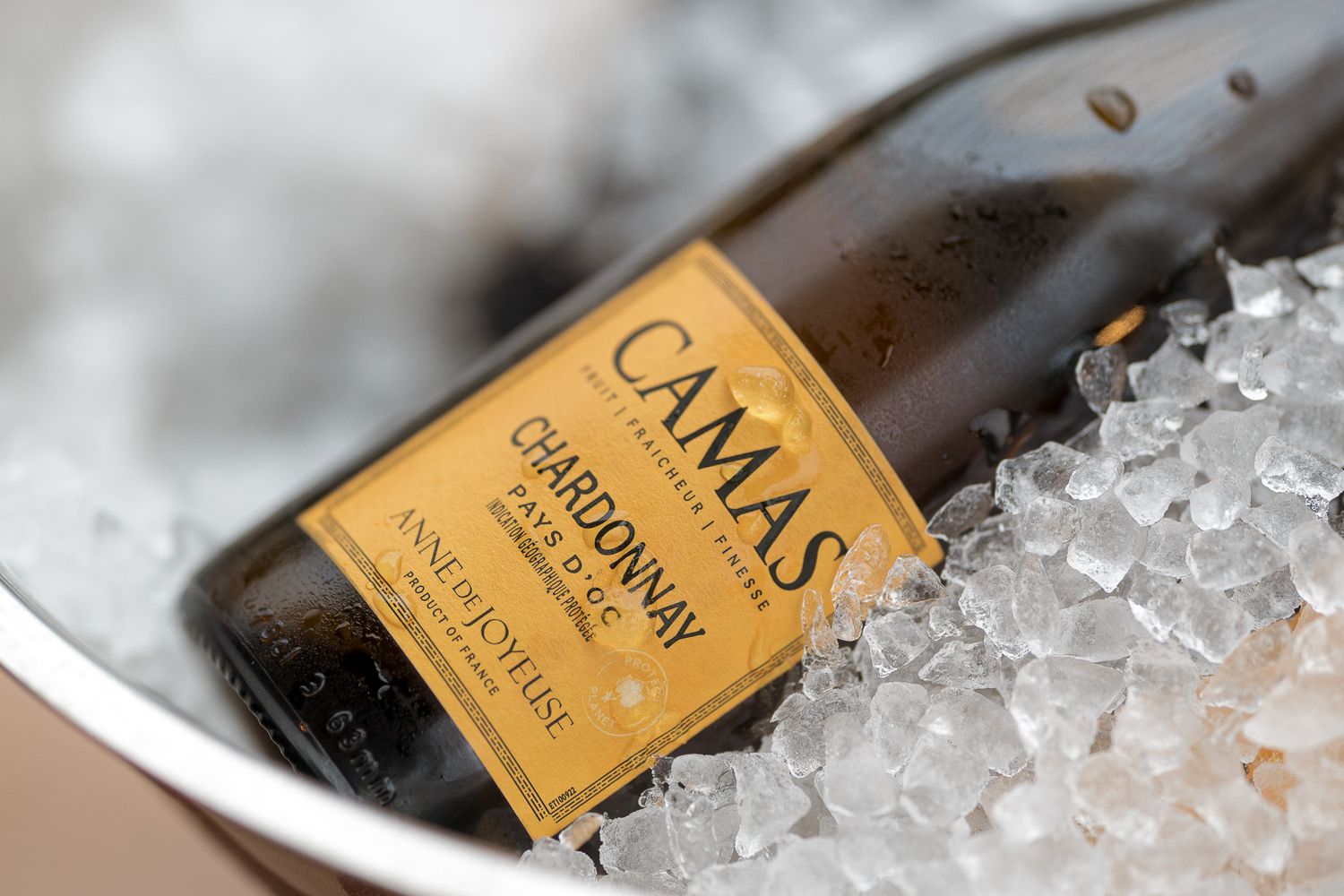 Camas Chardonnay wine bottle chilling in ice bucket, perfect for celebrations and special occasions.
