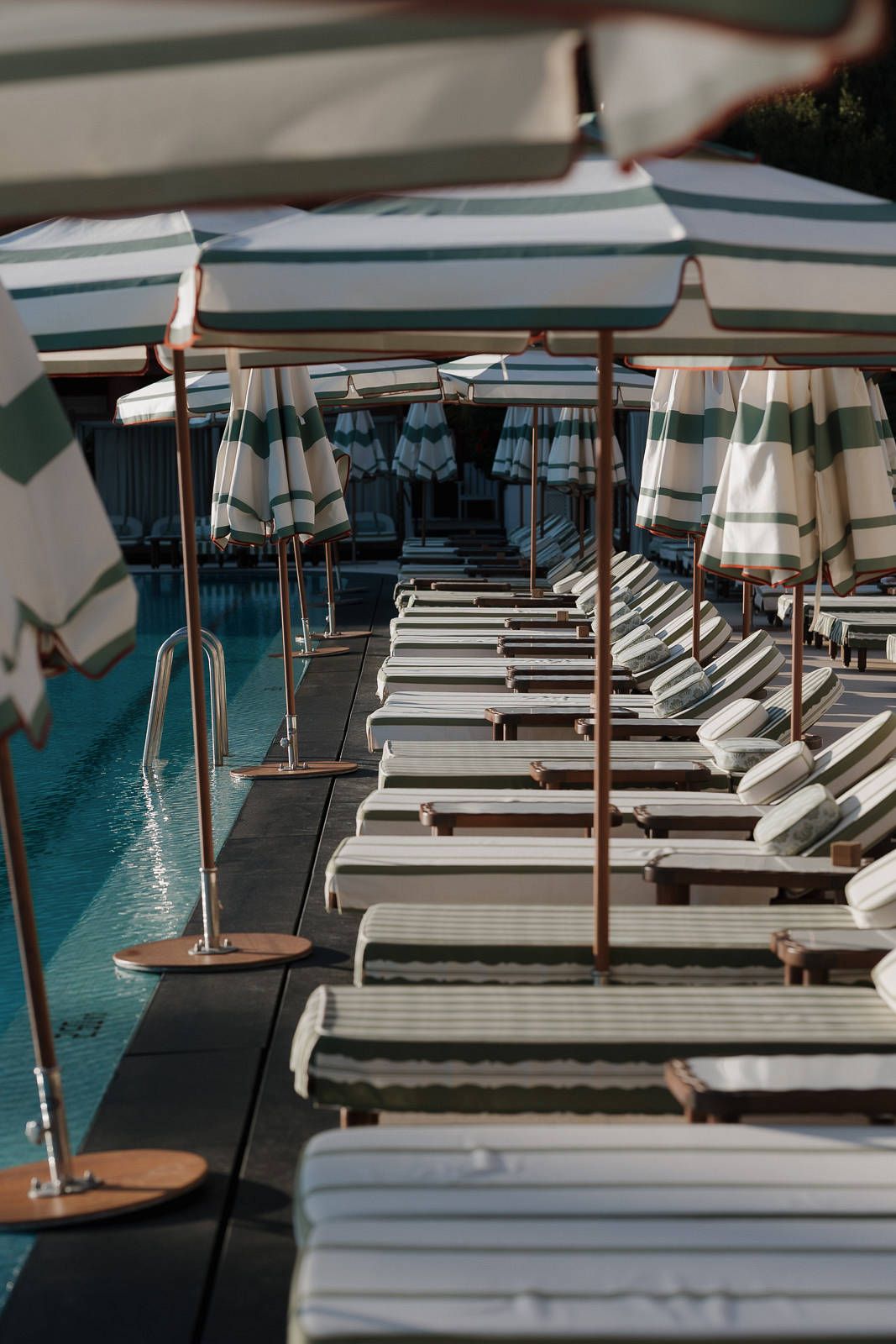 White lounge chairs with umbrellas arranged in rows at a luxury beach club.