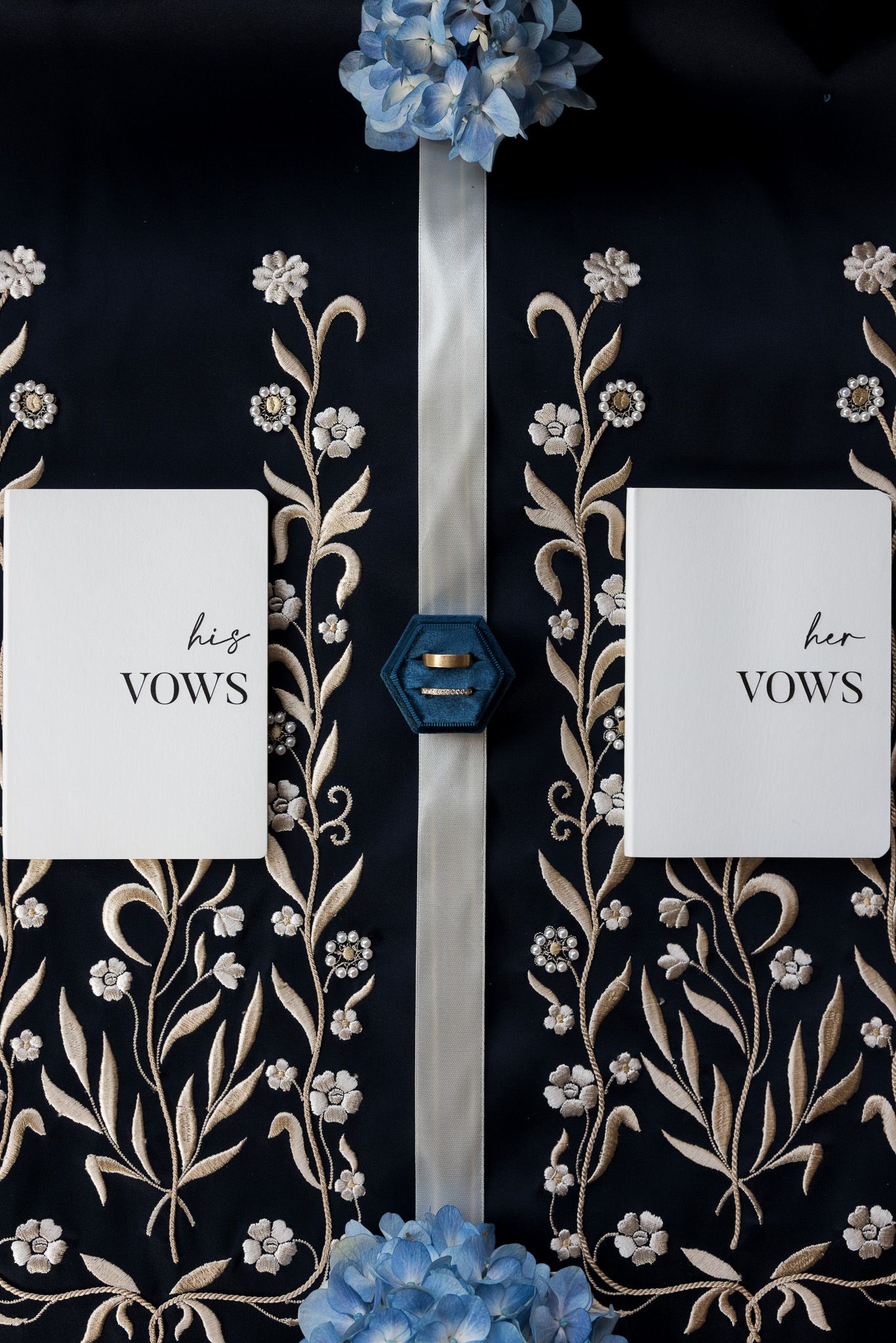 His and her vows books on dark floral embroidered fabric with blue flowers and wedding rings.