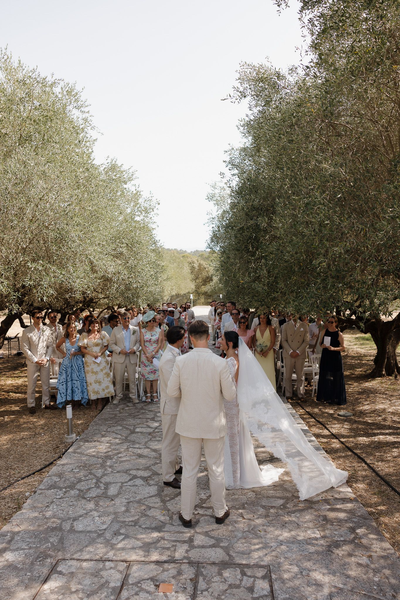 Bride and groom walk down stone aisle lined with olive trees surrounded by wedding guests at outdoor ceremony.