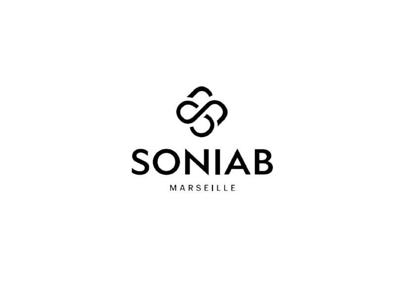 Minimalist black text logo for Soniab brand with small decorative symbol and Marseille location text.