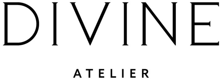 Minimalist black text logo design for Divine Atelier with stylized lettering on white background.