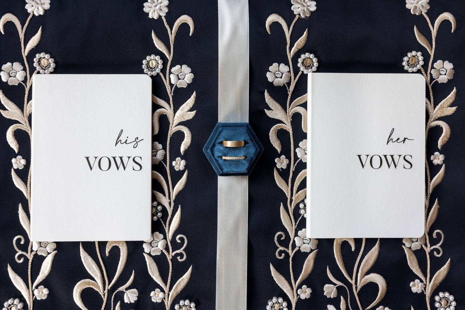 His and her vows books with wedding rings on floral navy blue background for elegant wedding ceremony.