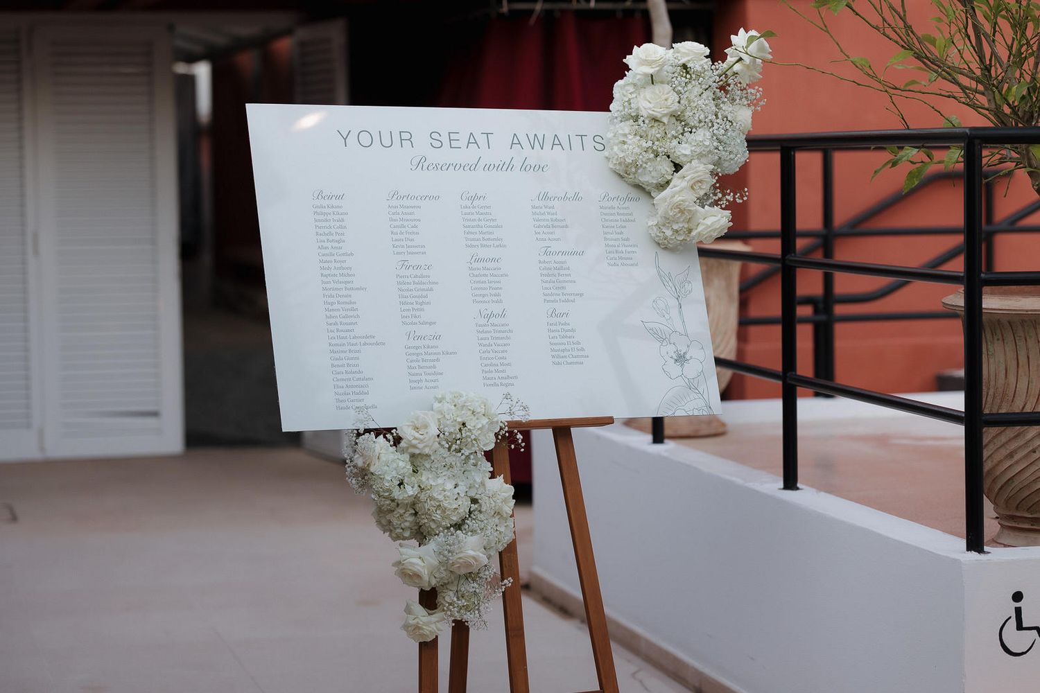 Wedding seating chart displayed on an easel decorated with white floral arrangements at an outdoor venue.