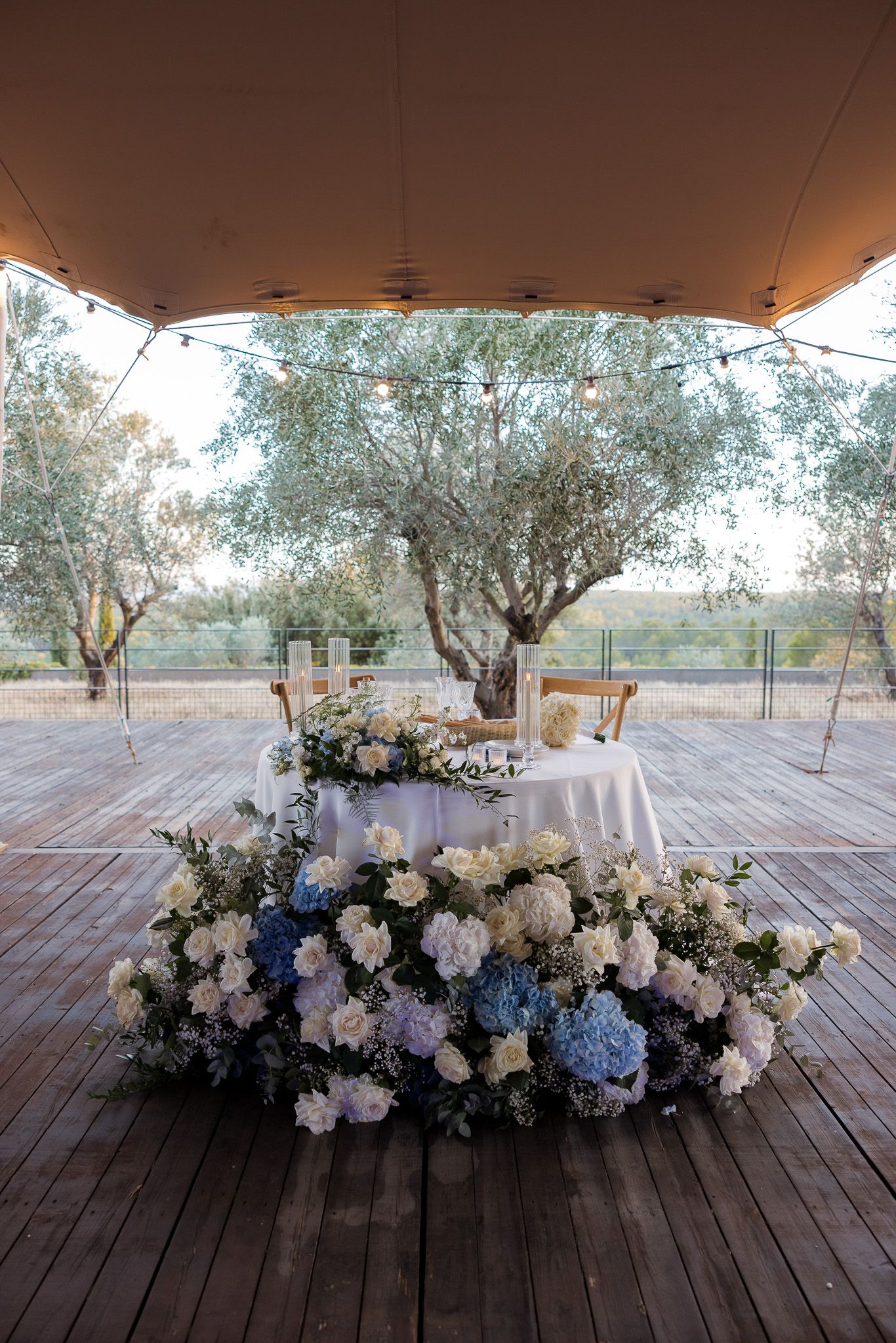 Elegant wedding sweetheart table with blue and white floral arrangements on wooden deck under open-air tent with olive tree backdrop.