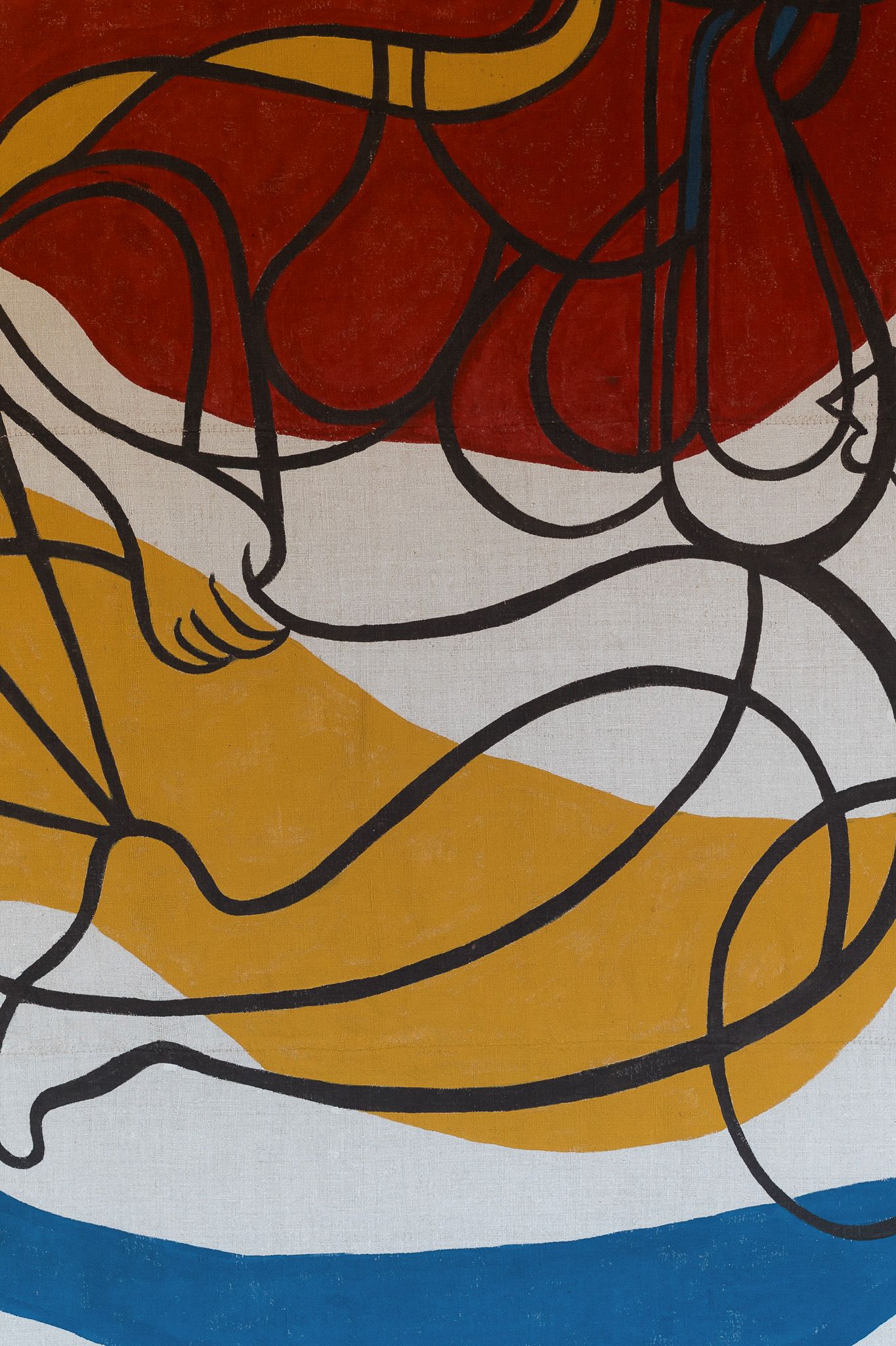 Abstract painting with bold black lines over red, white, yellow, and blue color blocks on canvas.