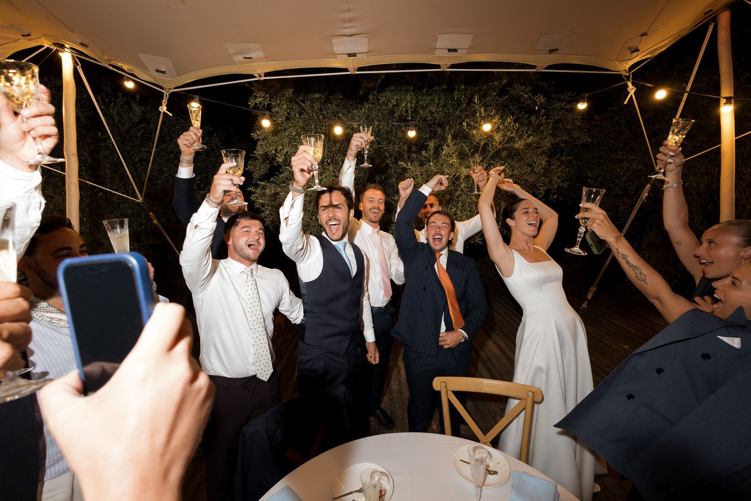 Wedding party toasting with champagne glasses raised under string lights at a festive outdoor reception celebration.