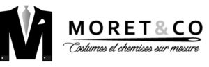 A black and white logo banner for Moret & Co showing a business suit silhouette and French text.
