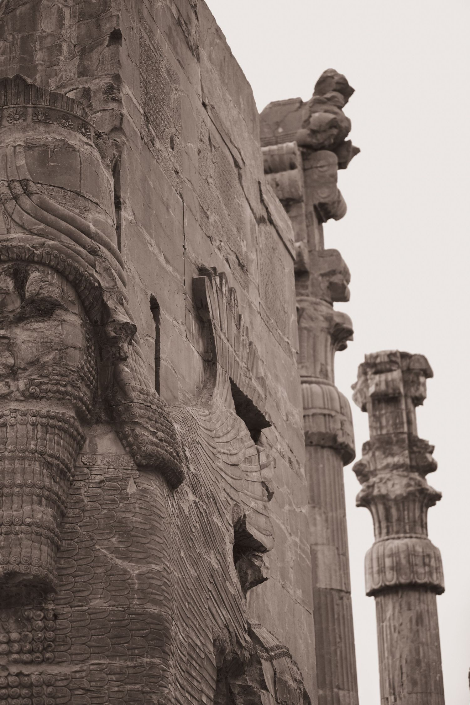 Ancient stone columns and architectural details at Persepolis shown in sepia tones.