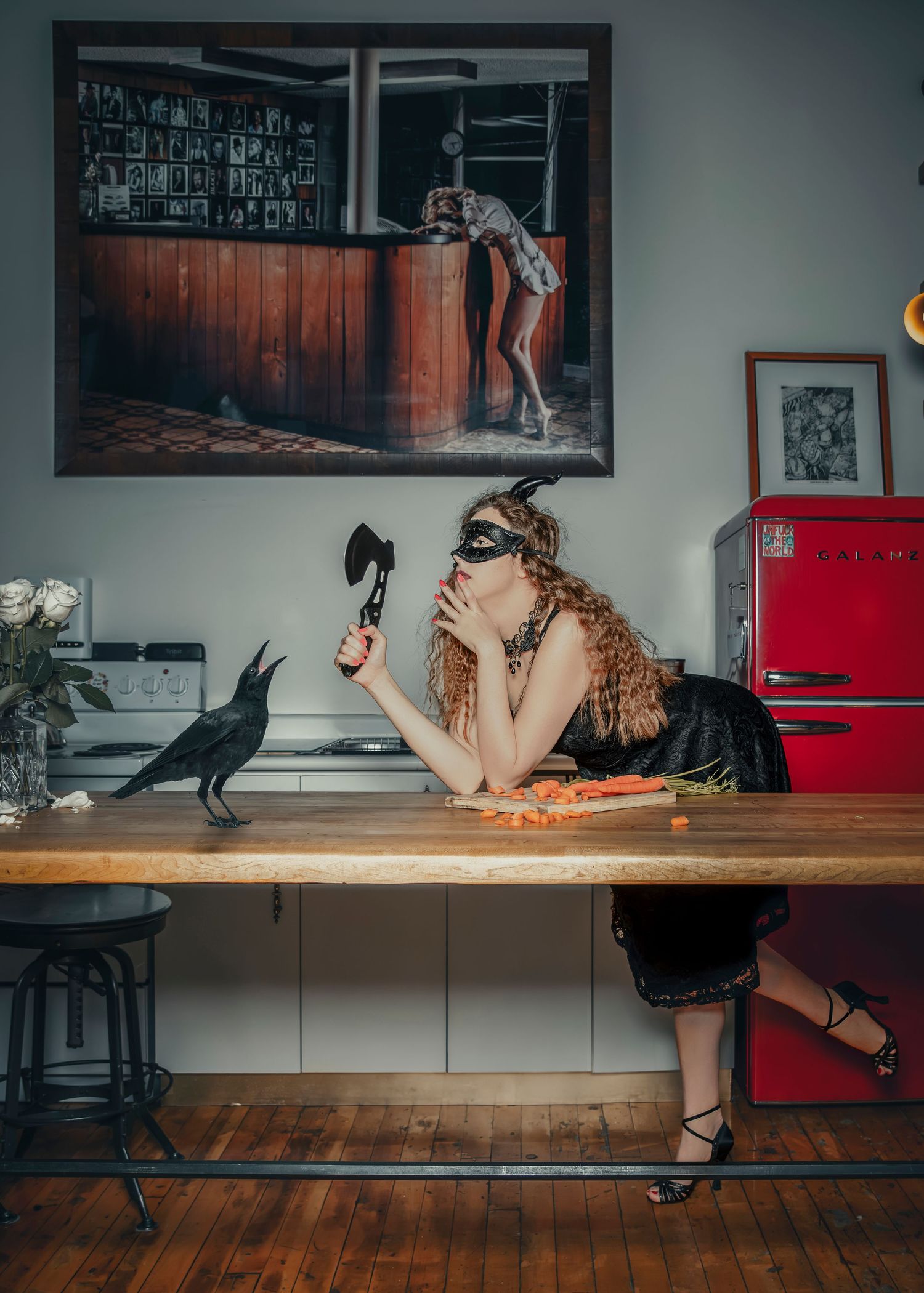 Vintage-styled scene with crow and figure at wooden table preparing food in retro kitchen.