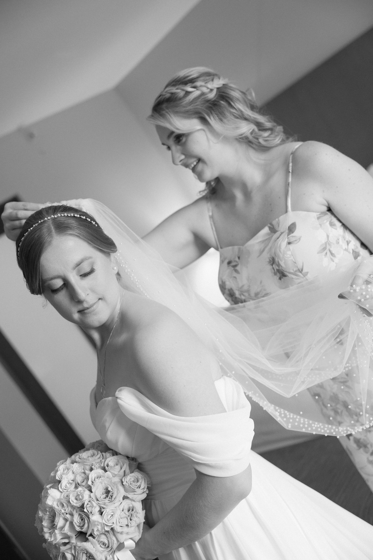 Black and white artistic bridal portrait series showing elegant wedding dress details.