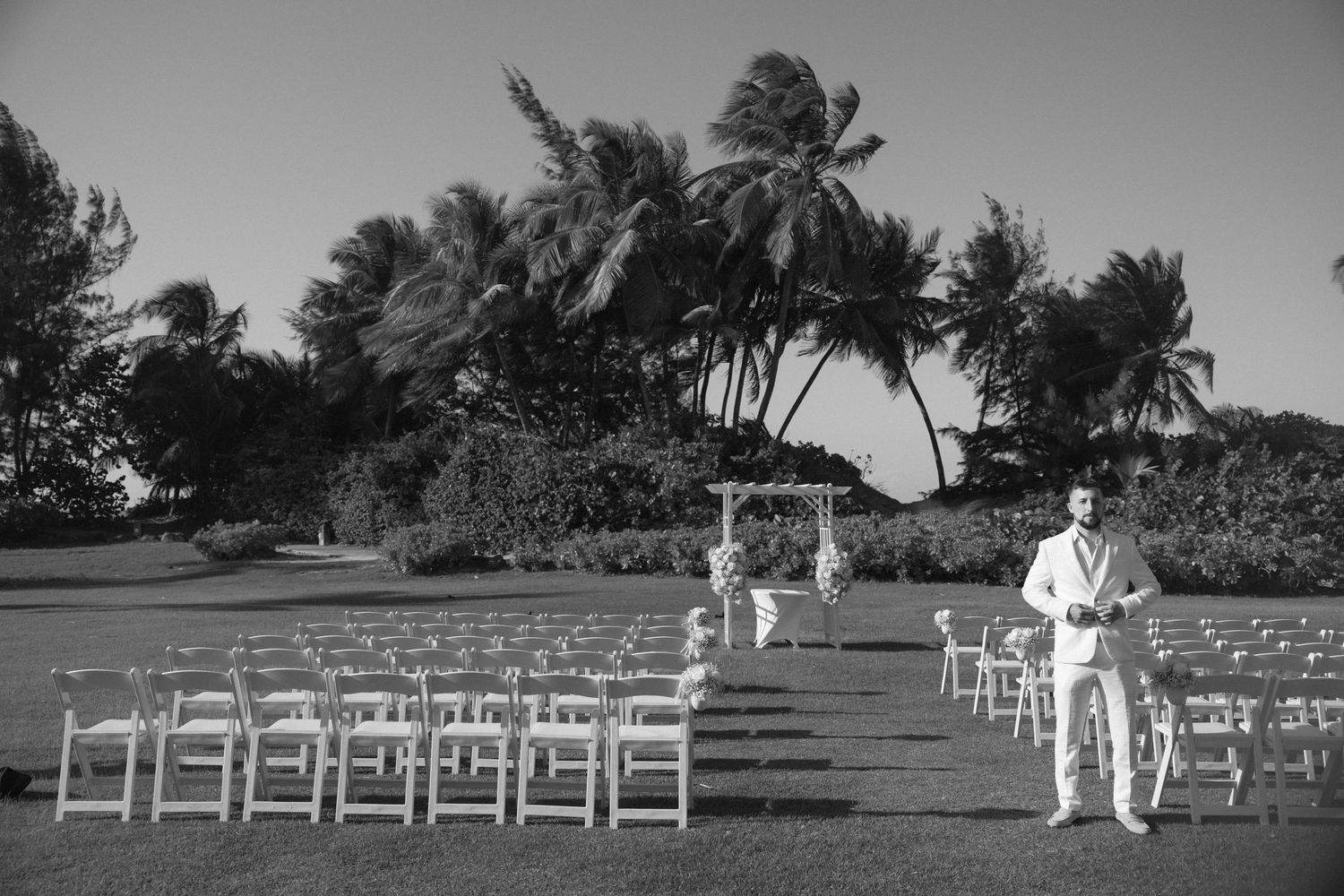 A wedding ceremony setup with white chairs on a tropical lawn with palm trees swaying in the background.