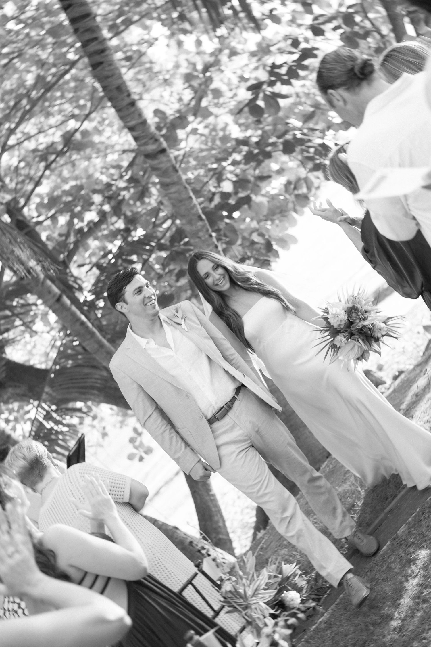 Wedding ceremony guests seated outdoors under dappled sunlight and trees.