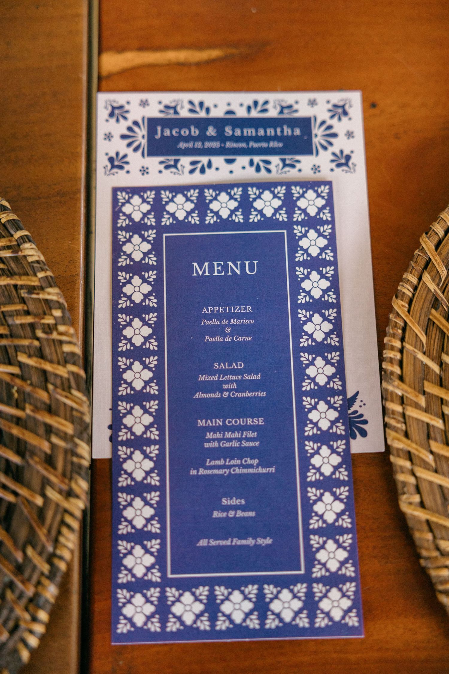 Blue and white floral wedding menu card for Jacob and Samantha featuring elegant design patterns.