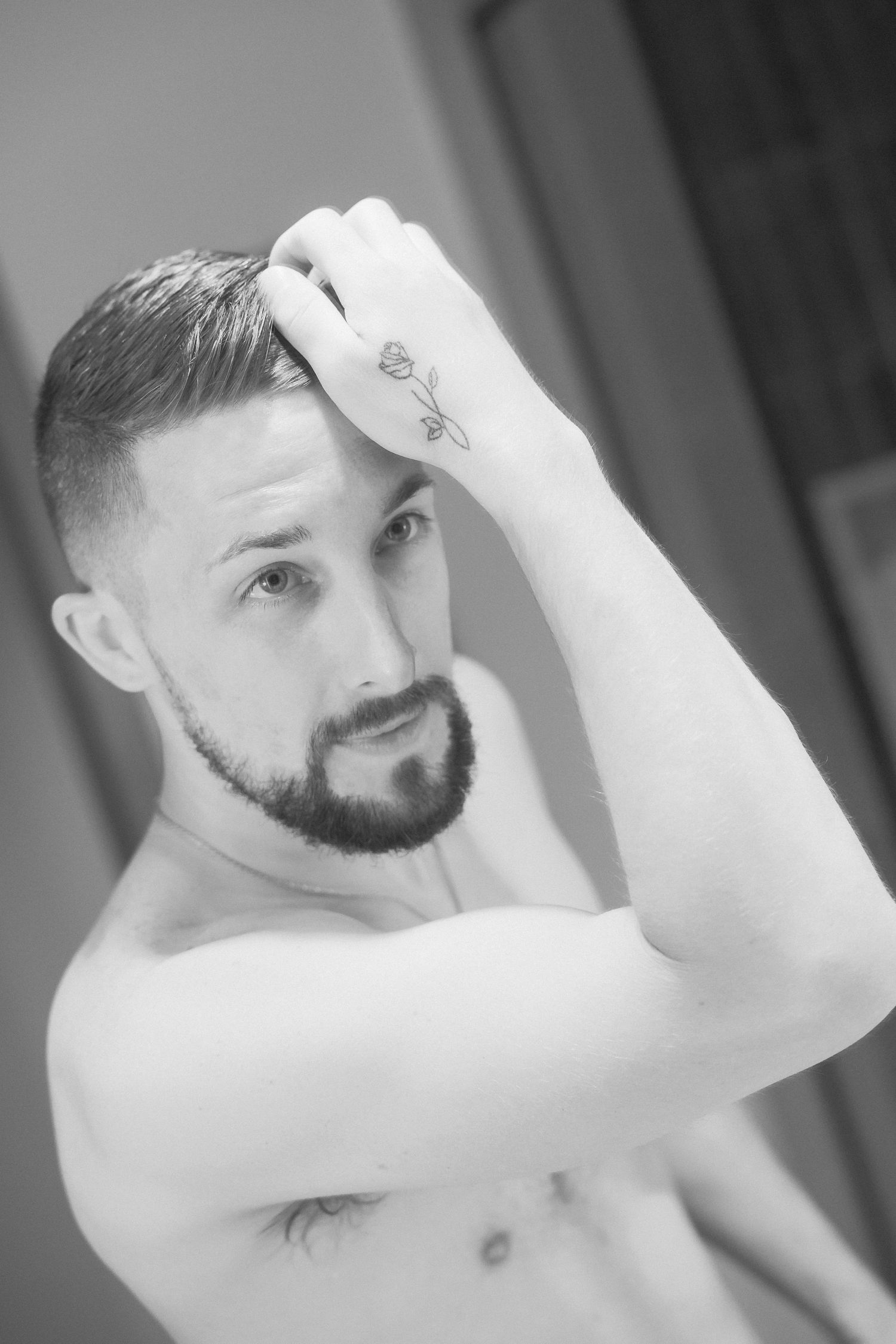 Black and white portrait series showing preparation moments.