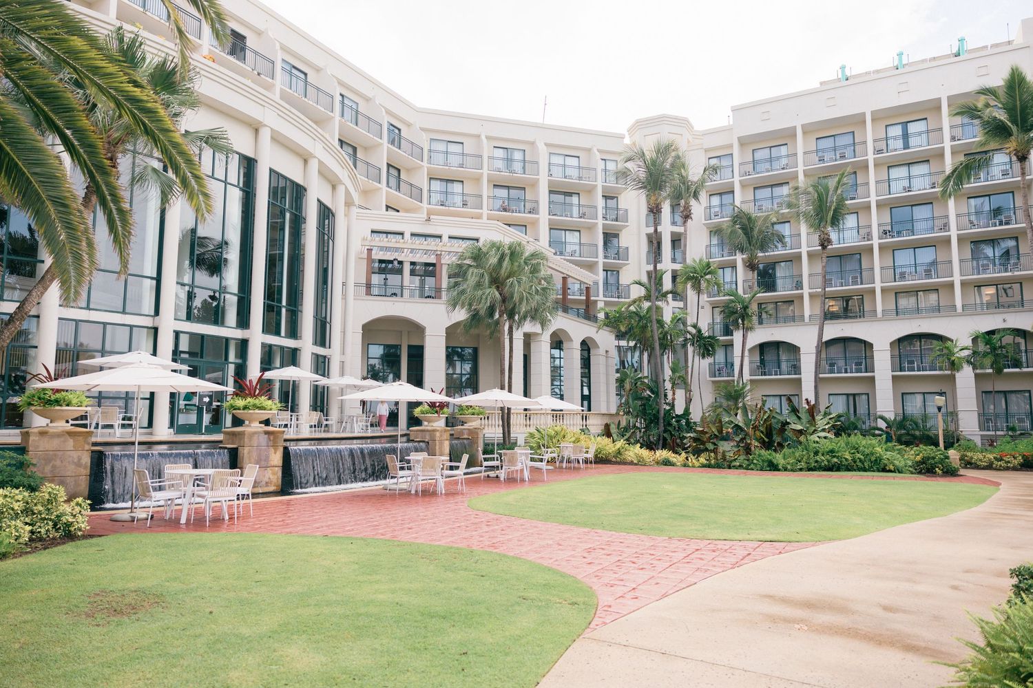 Beachfront resort hotel exterior with palm trees and curved architecture.