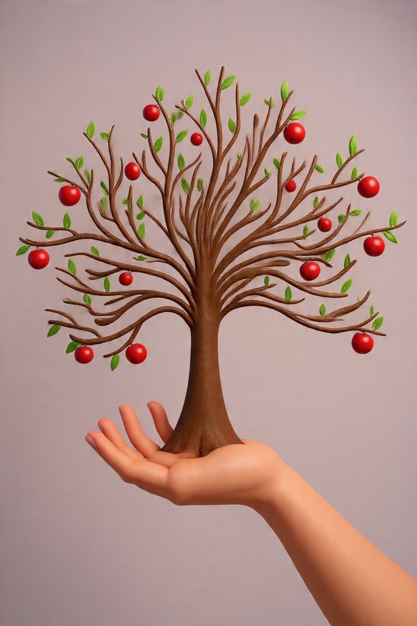 3D rendered hand holding a miniature apple tree with red fruits and green leaves.