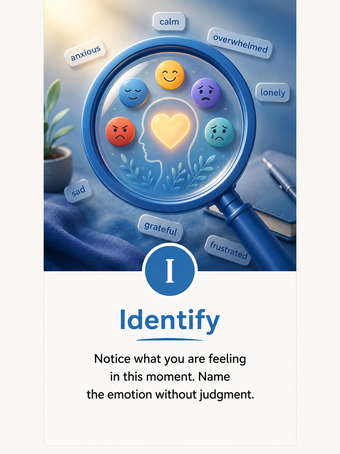 A magnifying glass reveals colorful emotion emojis with words like anxious, calm, lonely, and sad, above the word Identify.