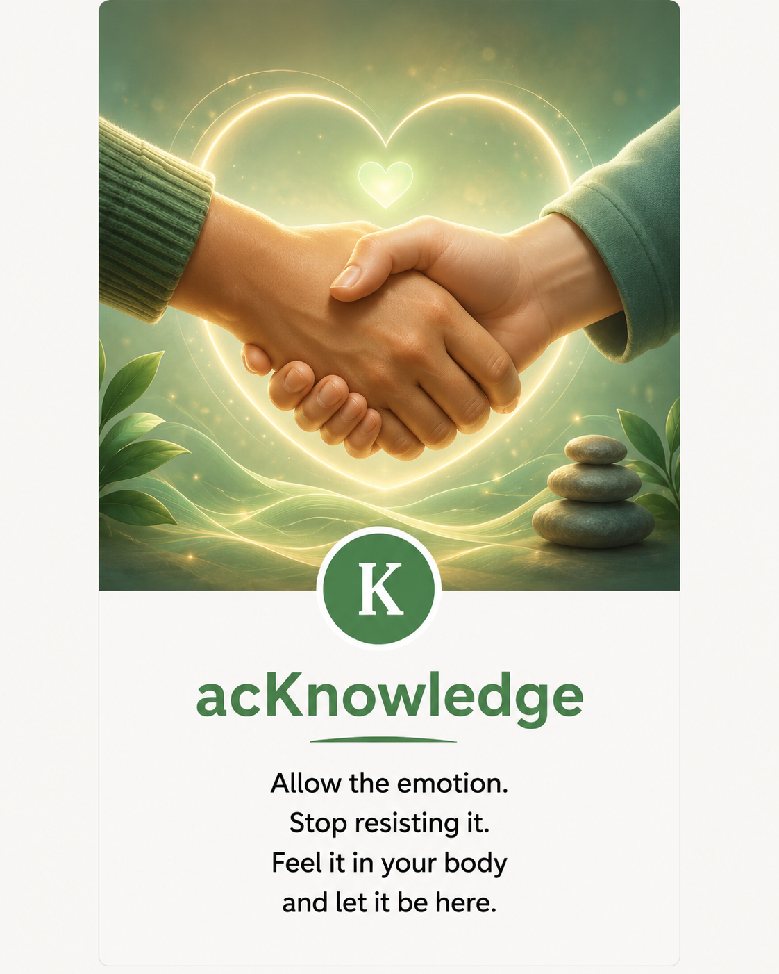 Two hands shaking in front of a glowing heart, illustrating the acKnowledge step of emotional acceptance.