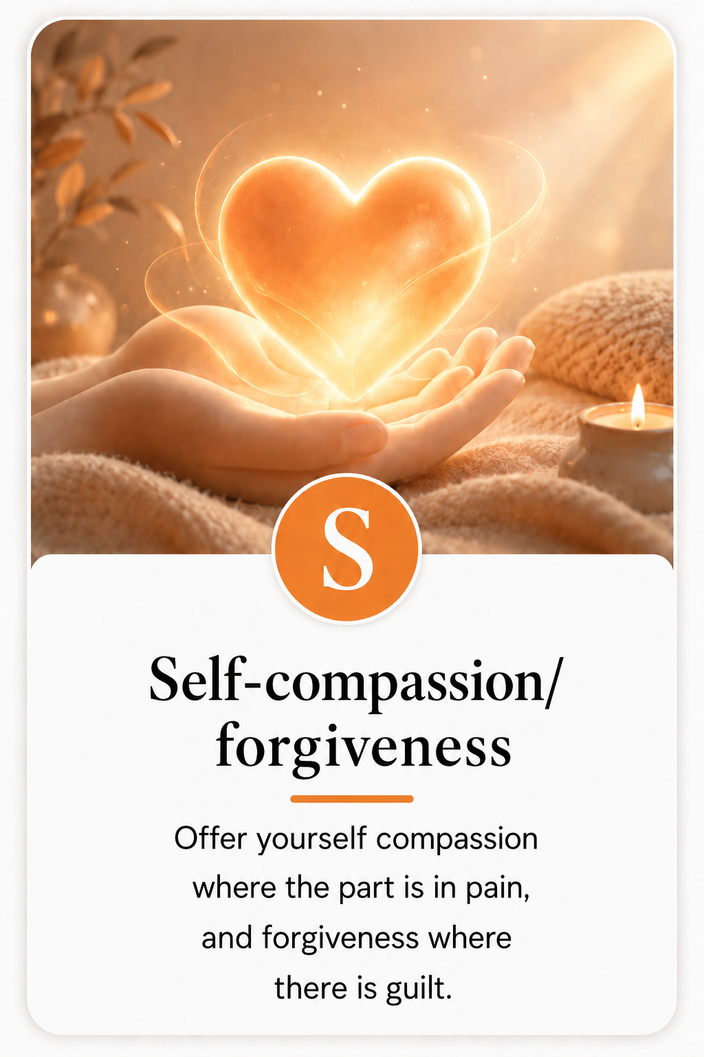 Cupped hands hold a glowing golden heart above soft blankets, representing self-compassion and forgiveness.