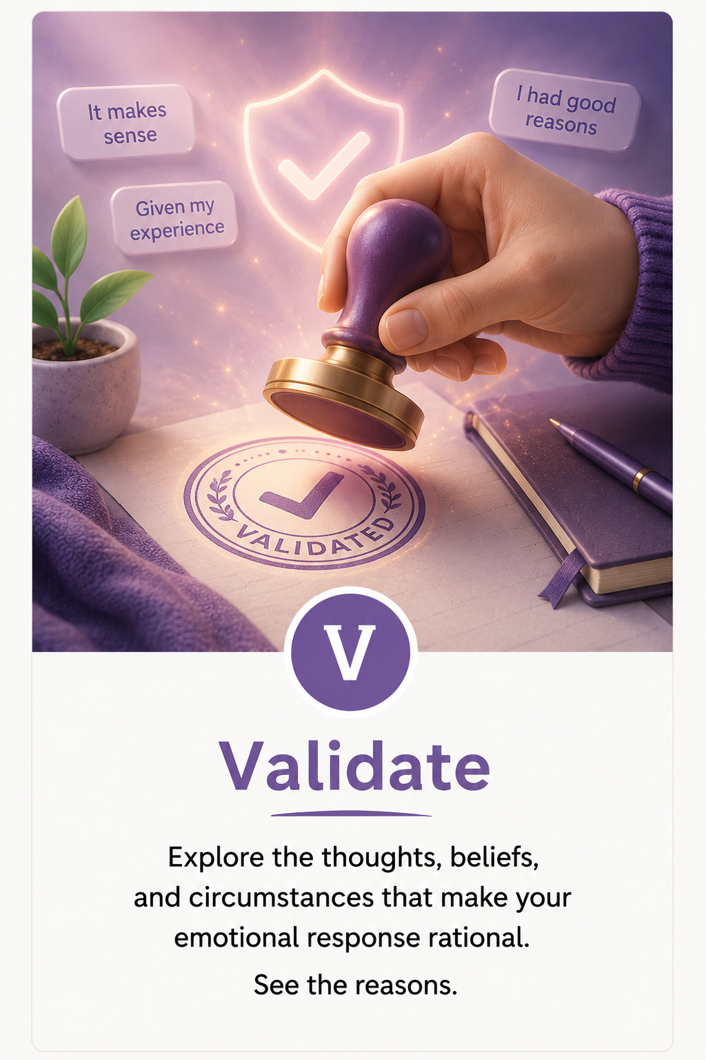 A hand stamps a document with Validated, surrounded by phrases like it makes sense and I had good reasons.