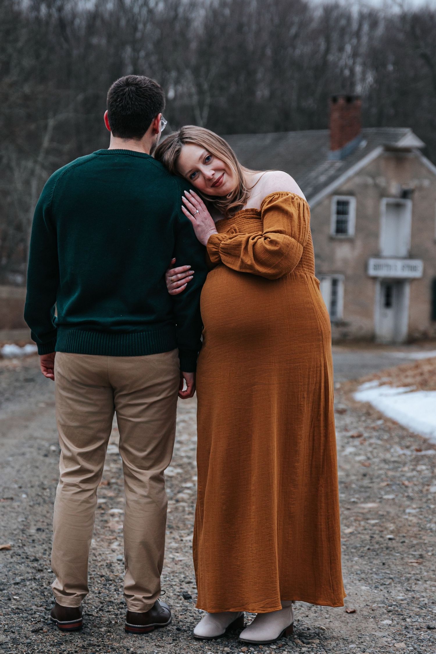 A series of intimate outdoor photos showing a couple in brown and green attire.