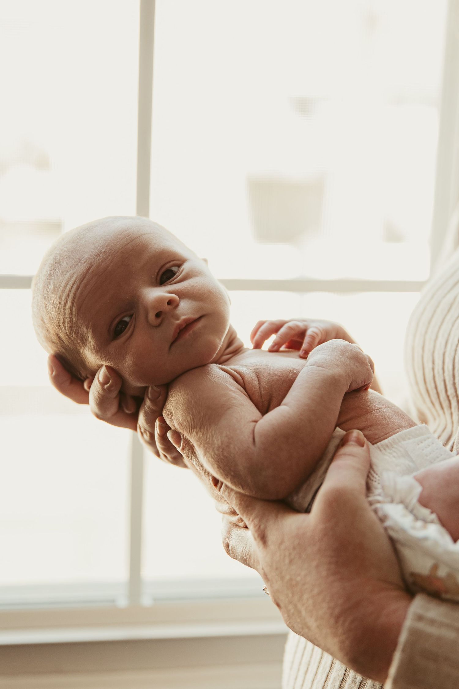 Newborn baby being gently cradled in adult hands near a bright window.