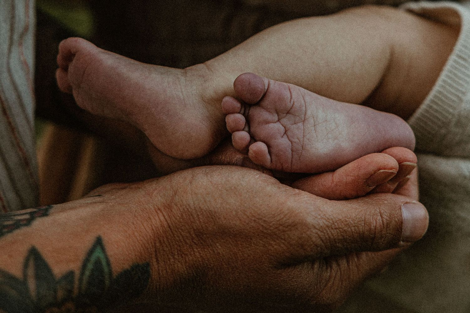 Tattooed adult hands gently cradling tiny newborn baby feet in a tender, loving close-up photograph.