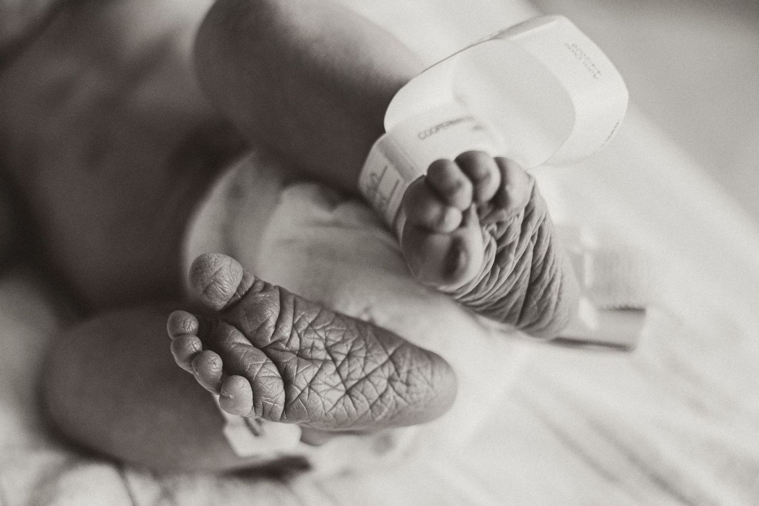 Black and white close-up of newborn baby feet with hospital ID tag in nursery.