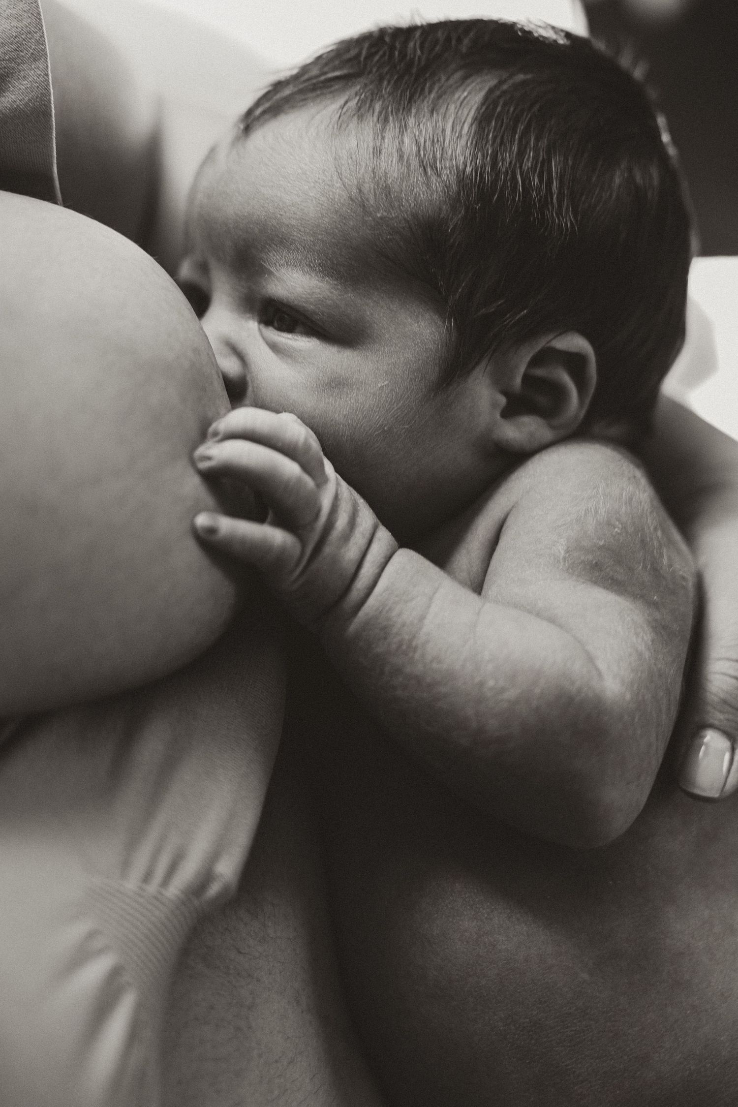 Black and white photo of a newborn baby breastfeeding while being held by its mother.