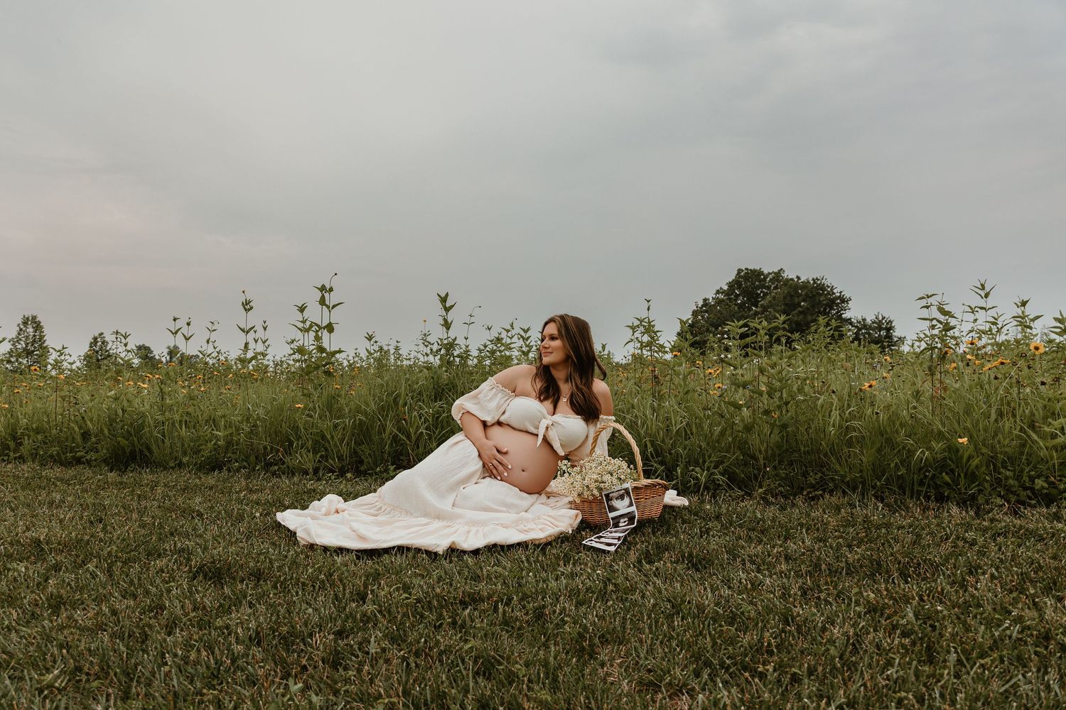 Scenic outdoor maternity session with woman reclining in grassy field.