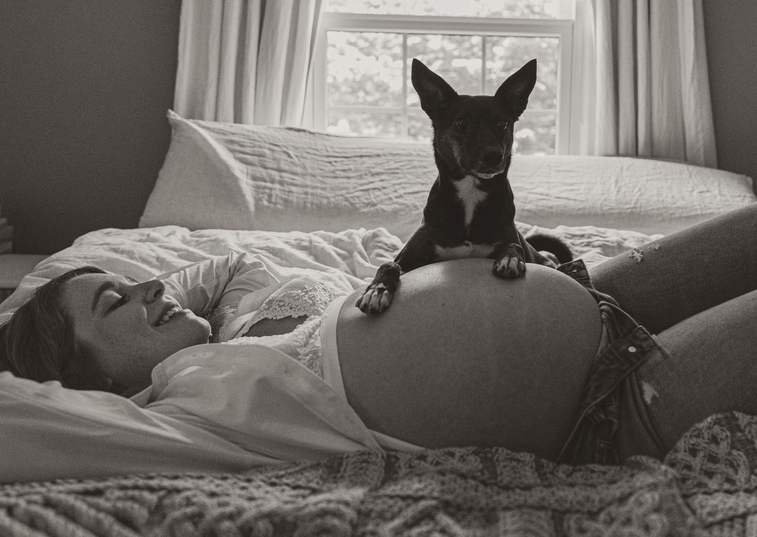 Black and white photo of pregnant woman lying on bed with small dog resting on her baby bump near window.