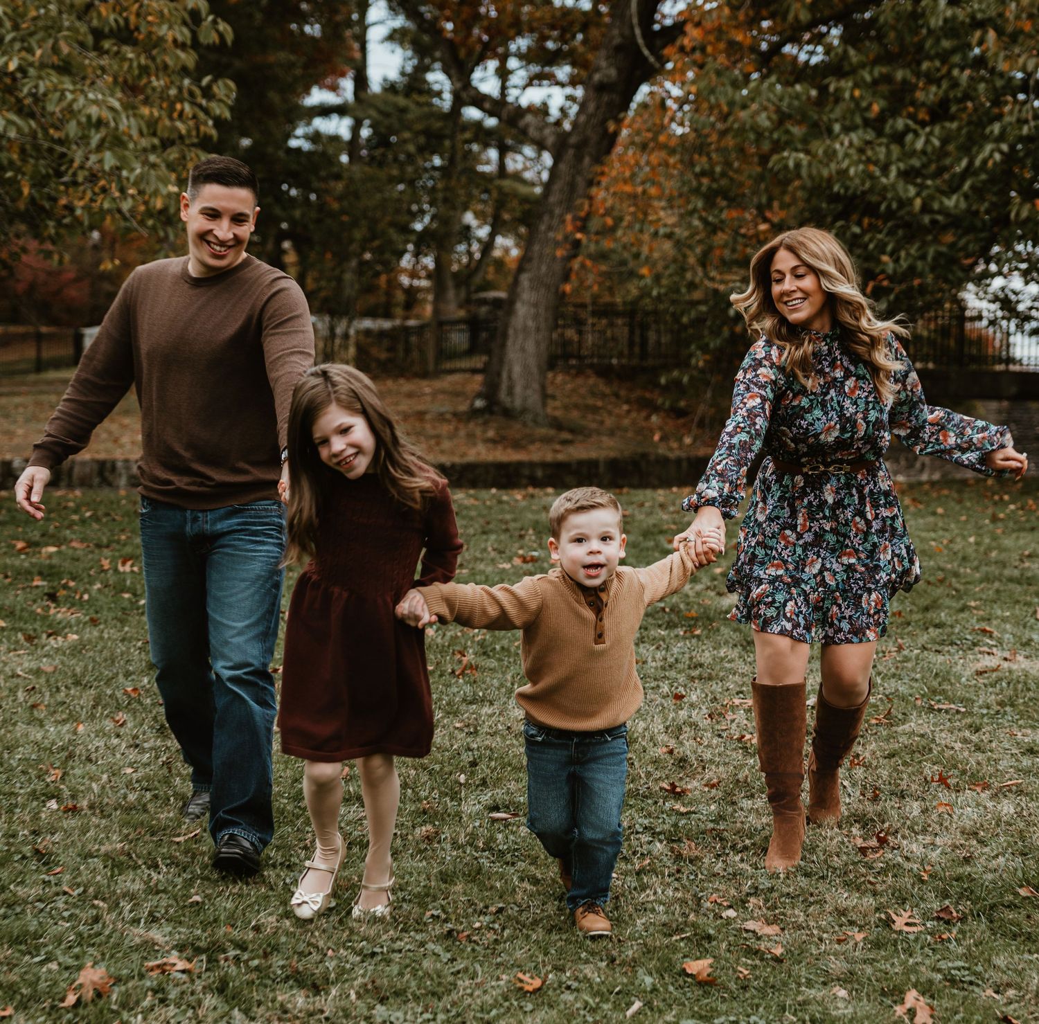 Candid family moments captured in a series of playful outdoor autumn photos.
