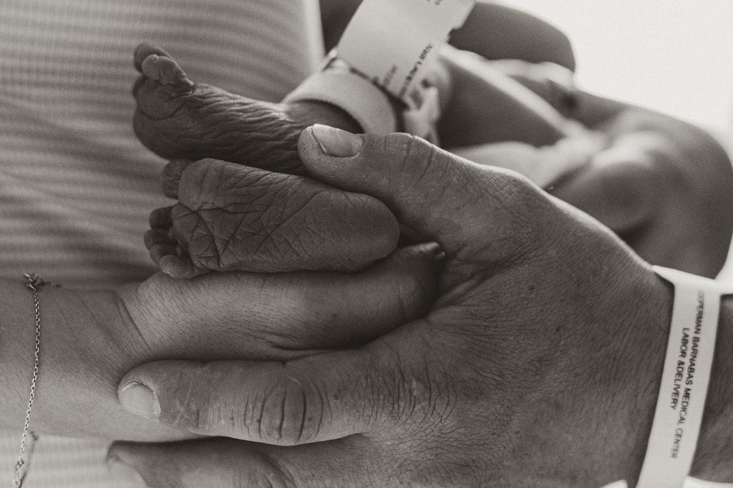 Adult hands tenderly holding tiny newborn baby feet with hospital bracelet in black and white.