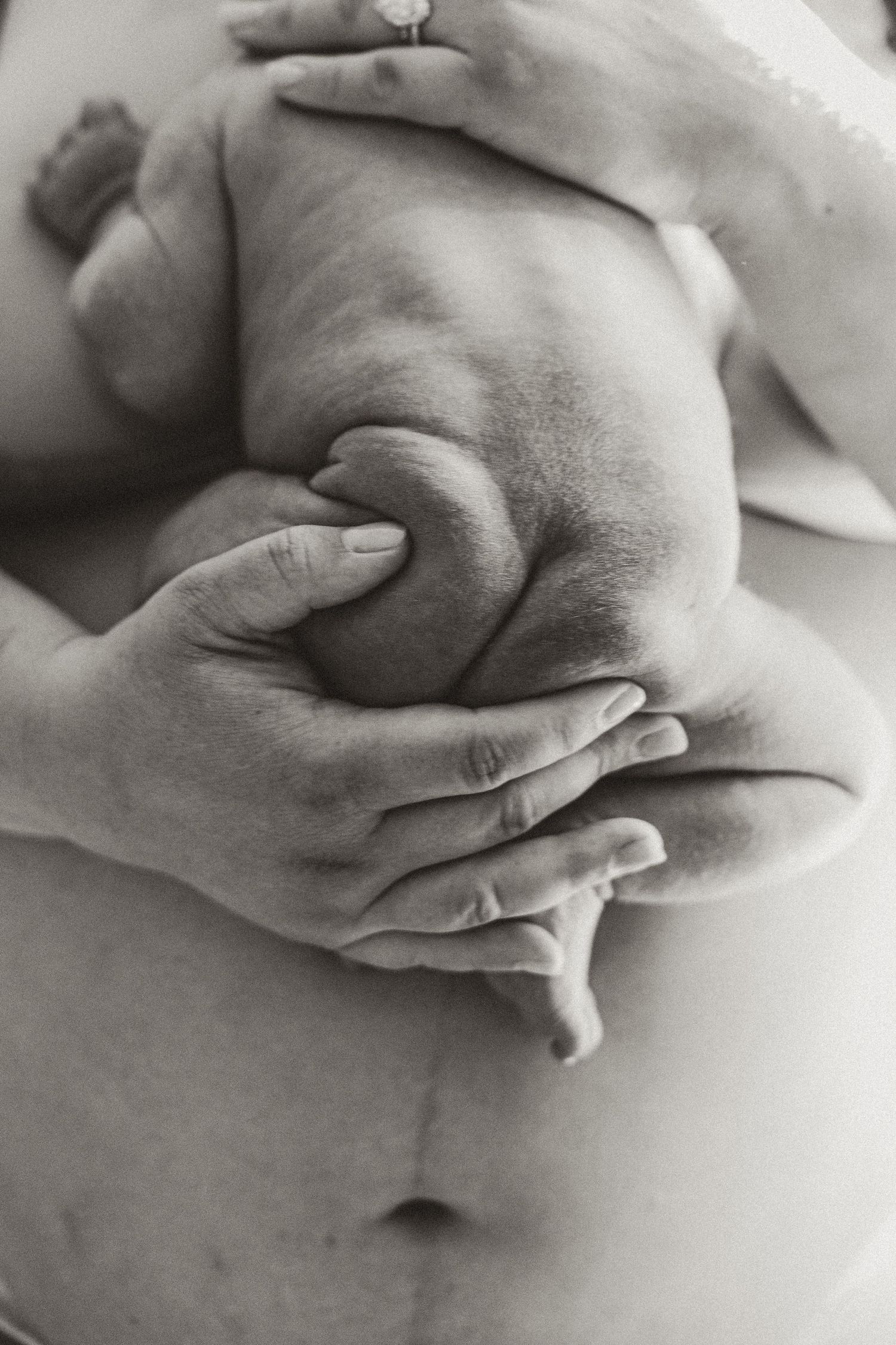 Black and white photo of adult hands gently cradling a newborn baby, showcasing the delicate size difference.