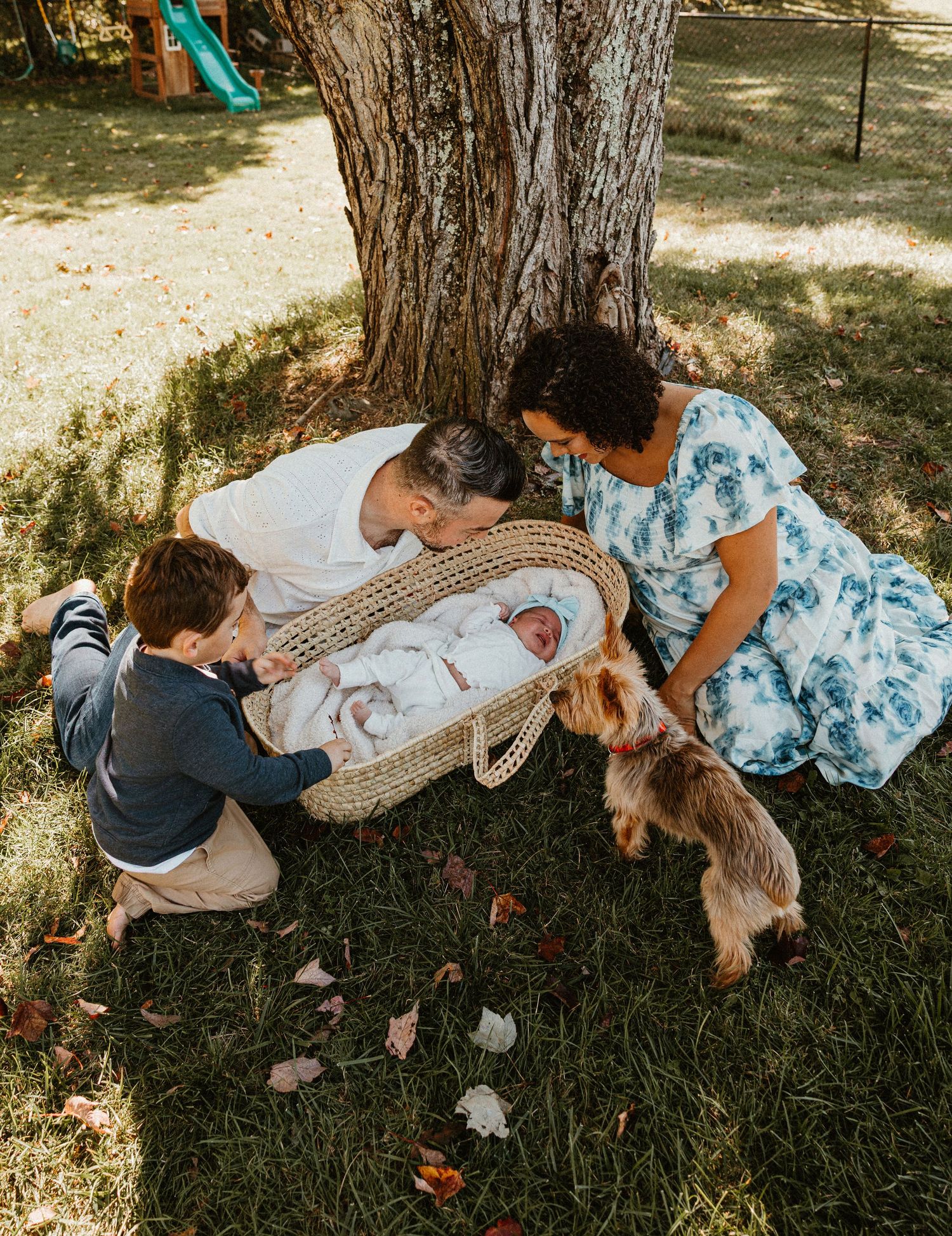 Family spending time together outdoors near a tree on sunny day.