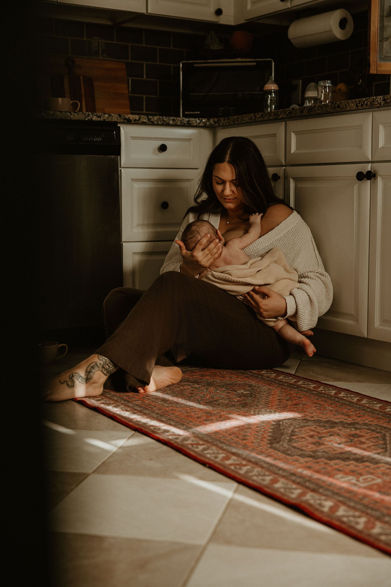 Artistic lifestyle photos taken from floor level in a modern kitchen with natural light.