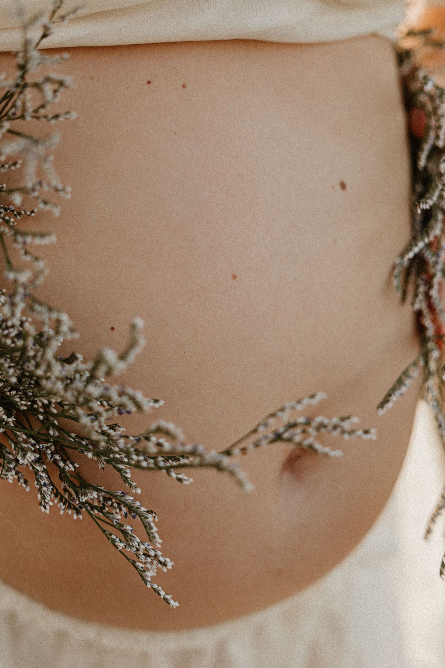Close-up of a pregnant belly adorned with delicate dried wildflower branches in soft neutral tones.