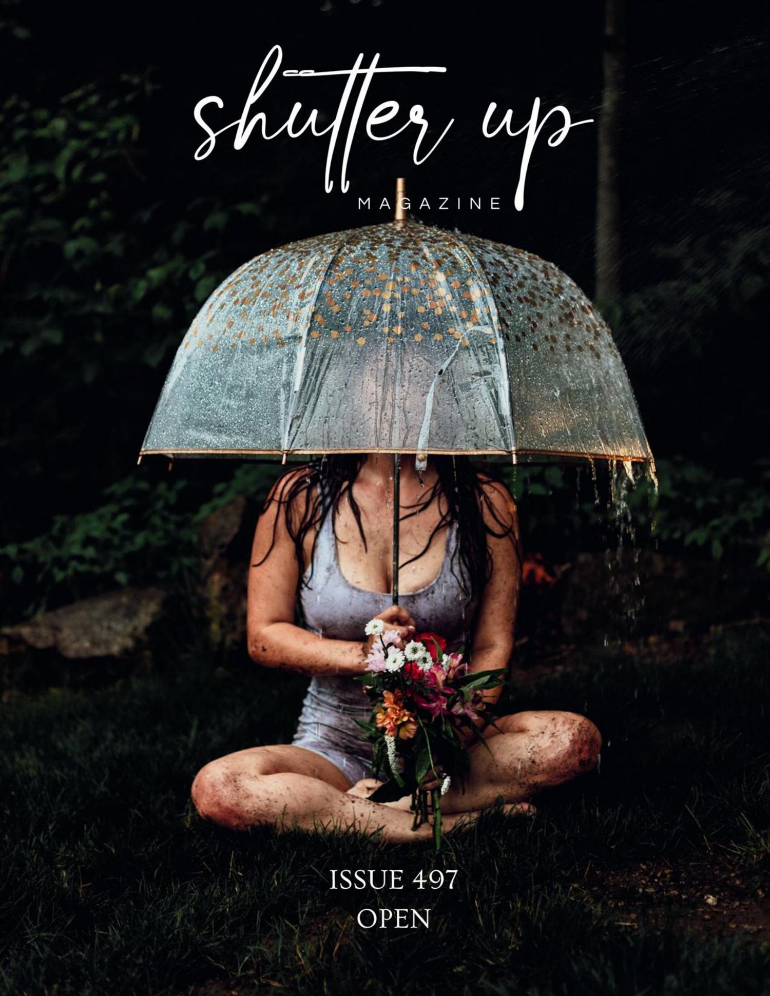 magazine page, cover artist, shutter up magazine, flowers, garden, wheelbarrow, emotional, dramatic, umbrella, cover page