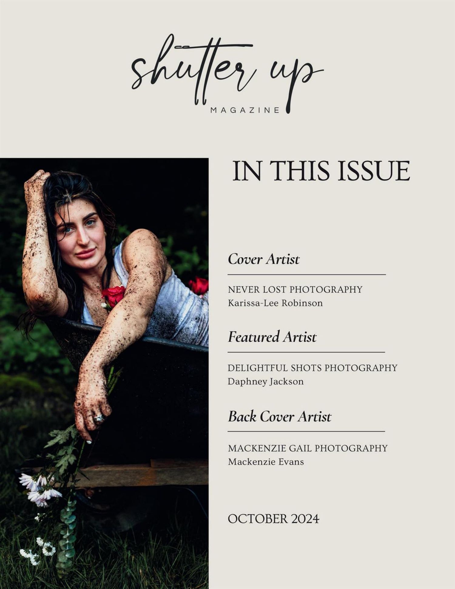 magazine page, cover artist, shutter up magazine, flowers, garden, wheelbarrow, emotional, dramatic