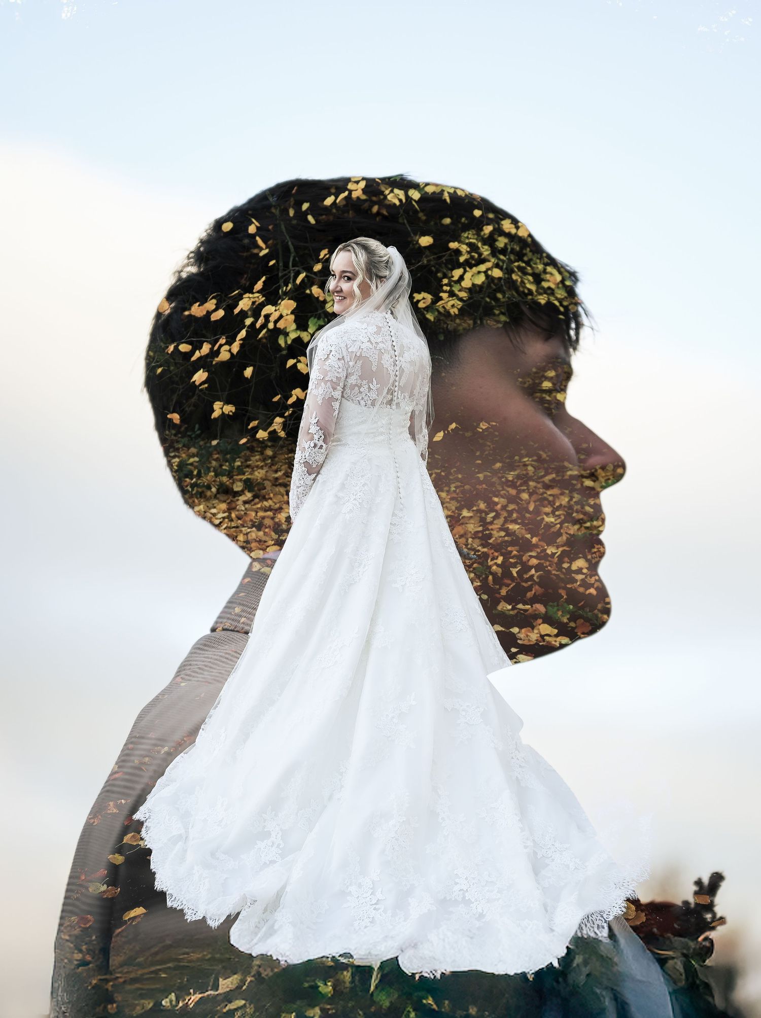 Double exposure wedding dress silhouette against a scenic mountain landscape, at Lodge Farm Weddings, Yorkshire.
