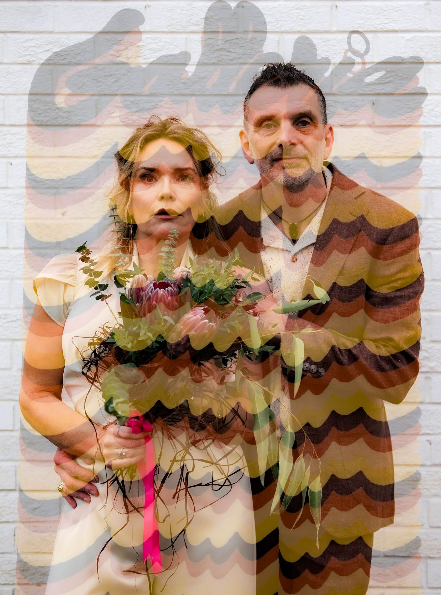 Couple posing for a wedding photo with a colorful retro wavy pattern double exposure overlay effect.