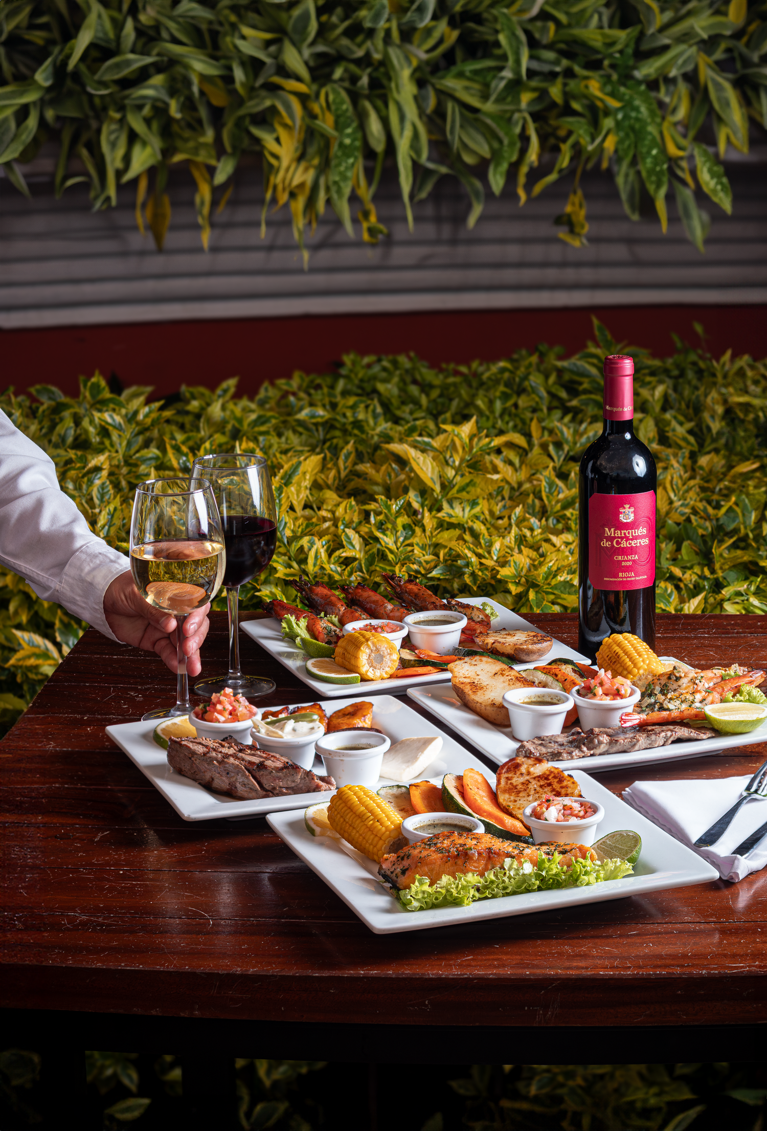 Elegant spread of appetizers and wine on dark wooden table with green foliage background.